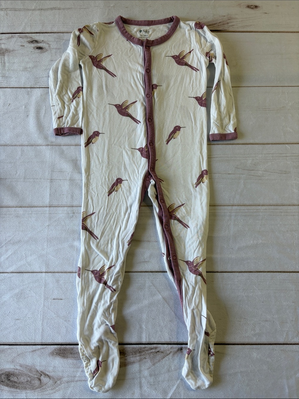 Kyte Baby White Footie with Mauve Hummingbird Print